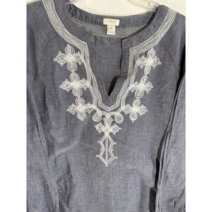 J. Crew Women’s XS Gray w/White Embroidery 100% Cotton Blouse Long Sleeve Tunic